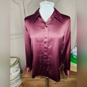 Worthington Collared Satin Button Up Blouse Bold Burgandy